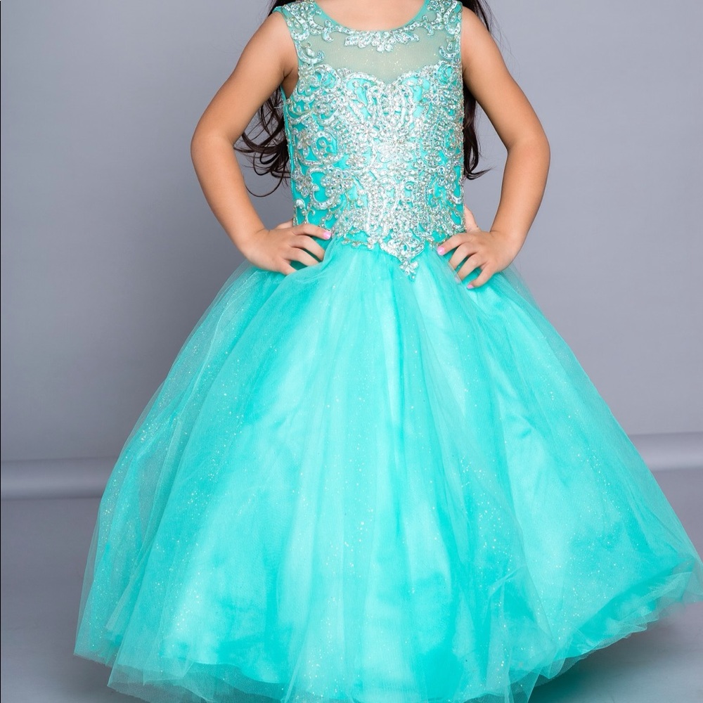 Long Glitter Girls Pageant Dress- Ball Gown Mint